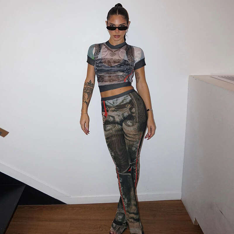 Women's Wear New Spring Women's Personalized Street Round Neck Short Sleeve Fashion Printed Tight Horn Pants Set