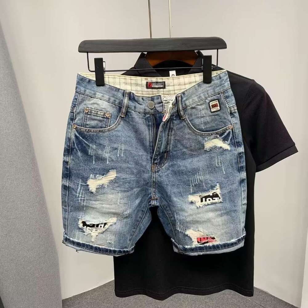 straight perforated denim shorts mens loose trendy instagram oversized cropped pants summer thin and scraped shorts