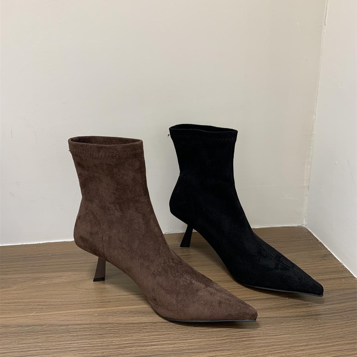 High Heel Pointed Toe Suede Khaki Slim Short Women's Shoes 2025 New Spring and Autumn Single Korean Style Small Bare Boots - view 4