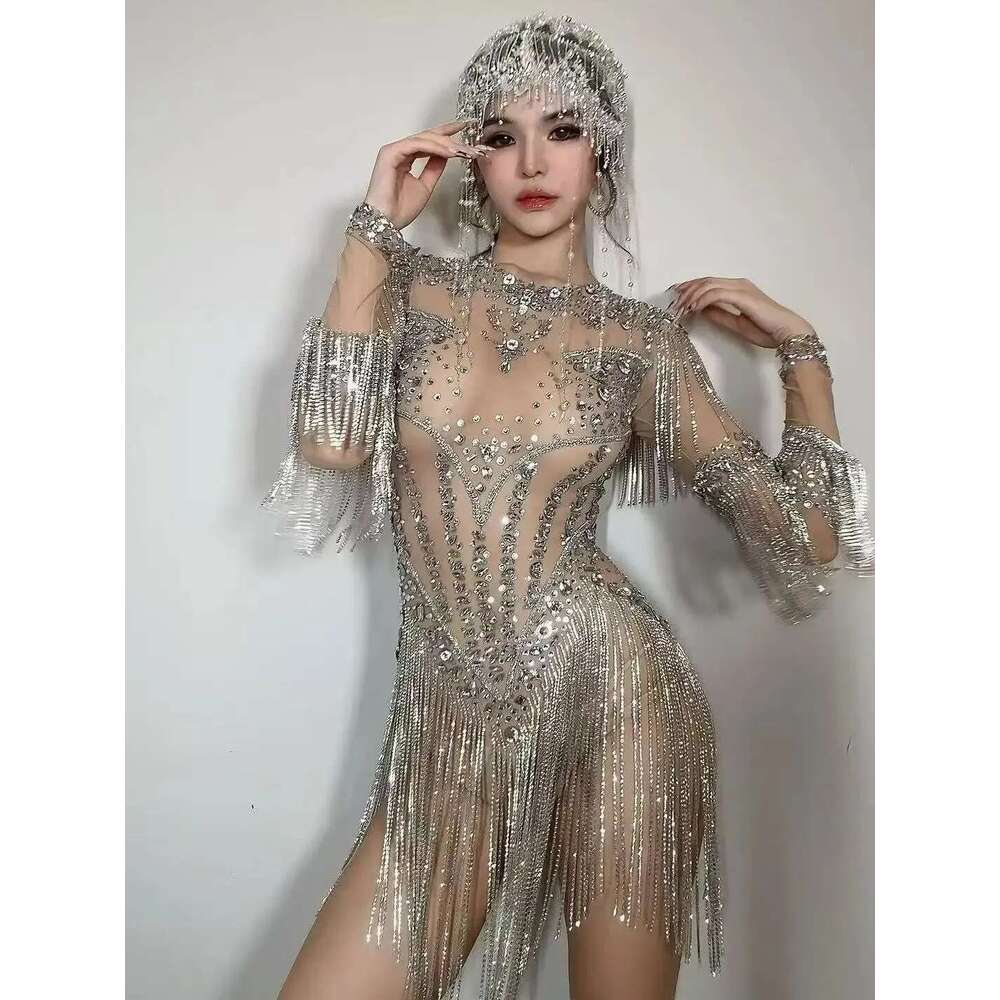 Women Sexy High Stretch Performance Dance Costume Nightclub Birthday Evening Party Wear Sparkly Rhie Bodysuit Stage Outfit