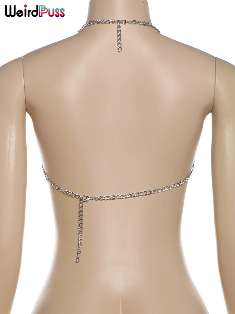 Weird Puss Hollow Chain Camisole Women Y2K Sexy Summer Coquette Backless Low-Neck Halter Midnight Clubwear Beach Vacation Vest 250415