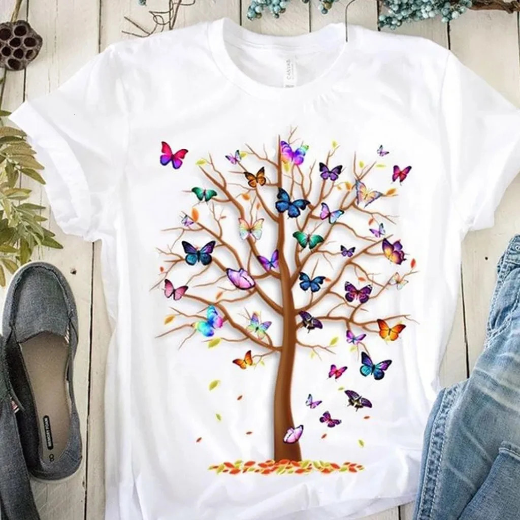 Womens Butterfly Tree Printed Harajuku T-shirt Round Neck Top Short Sleeve Casual Summer T-shirt 250410