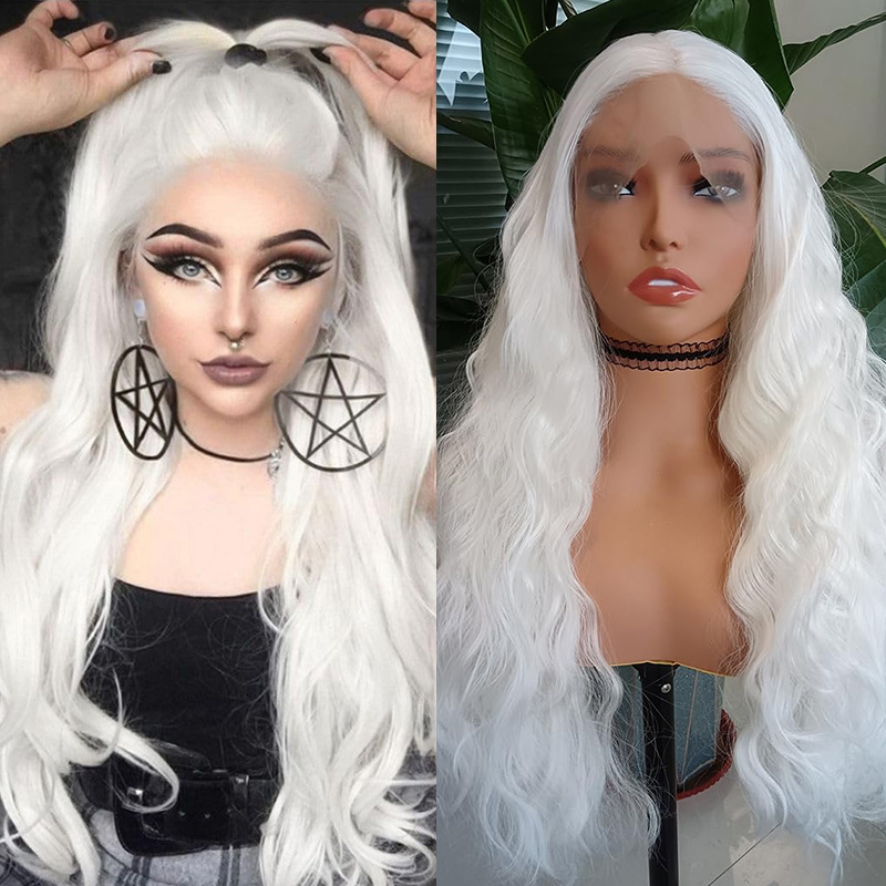 Highlight White Colored Hair Body Wave Lace Frontal Wig Similar to Real Human Hair For Black Women Transparent Lace Front Wigs 34 Inch Synthetic Lace 