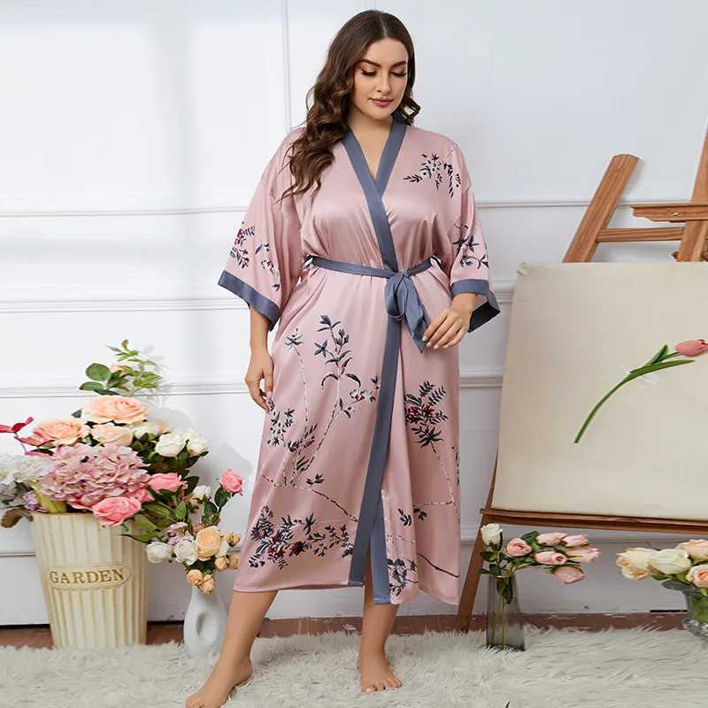 Oversized Sleepwear 2023 Autumn New Satin Robe Womens Summer Ice Silk Bathrobe Sexy Nightwear Print Kimono Casual Home Clothes C251115