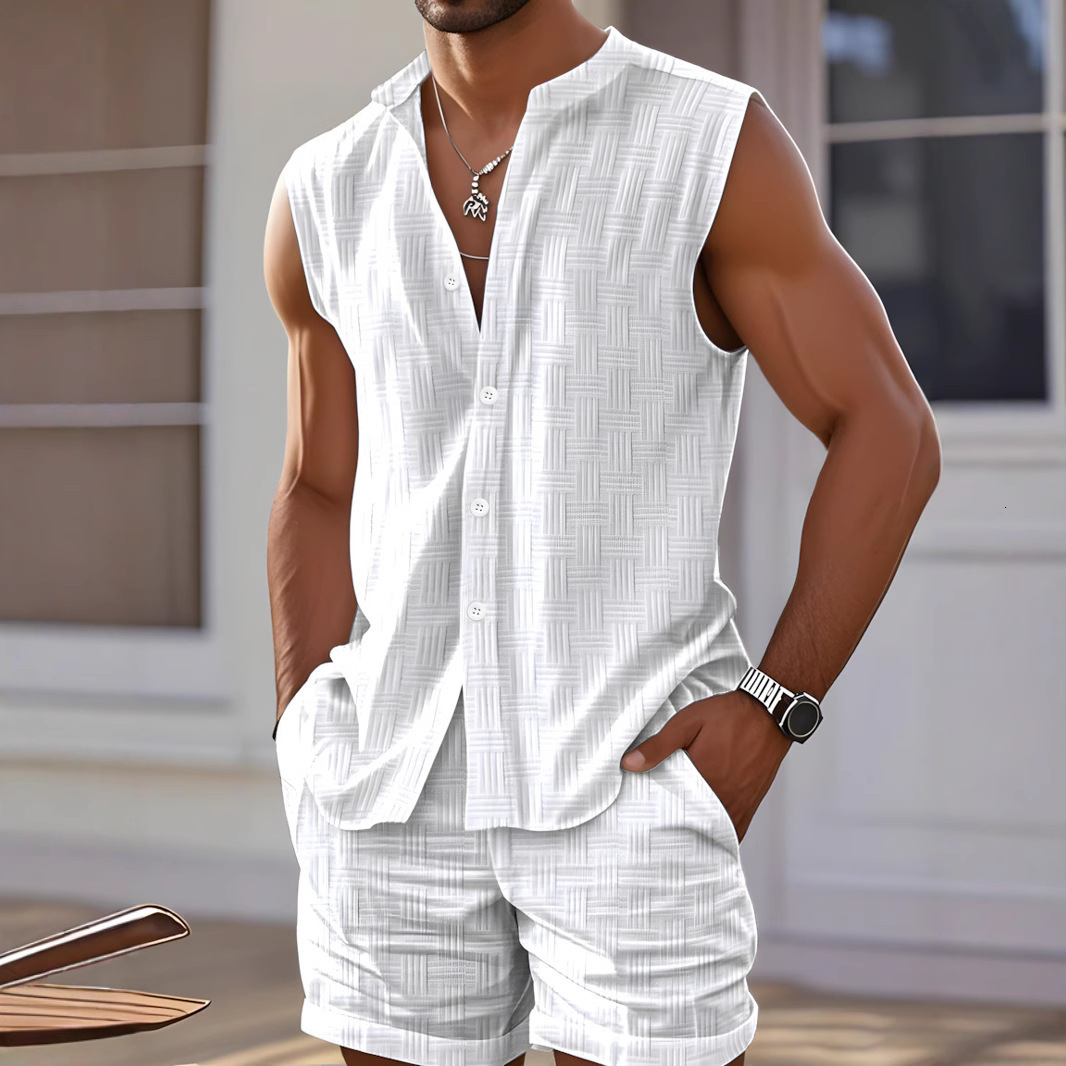 Summer fashion muscle mens sleeveless shirt casual breathable loose sleeveless shorts beach cover