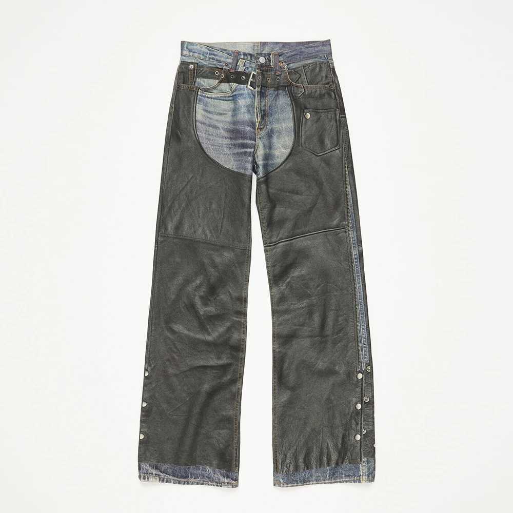 High purity Pu leather patch work bag jeans mens and womens side buttons Striaght casual loose denim oversized X250415