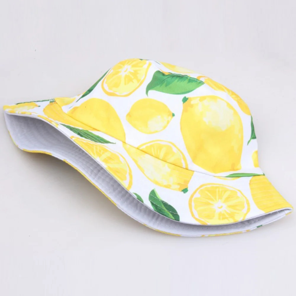 Lemon Pineapple Cherry Printed Bucket Hats Sun Panama Caps For Women Men Girls Beach Fishing Cotton Fruits Fisherman Hat 250414