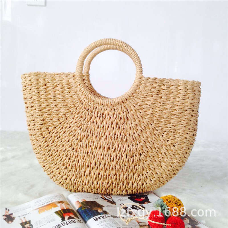 Handmade Beach Bag Grass New Versatile Women's Leisure Round Bucket Grass Woven Bag, Vacation Beach Bag Kq2