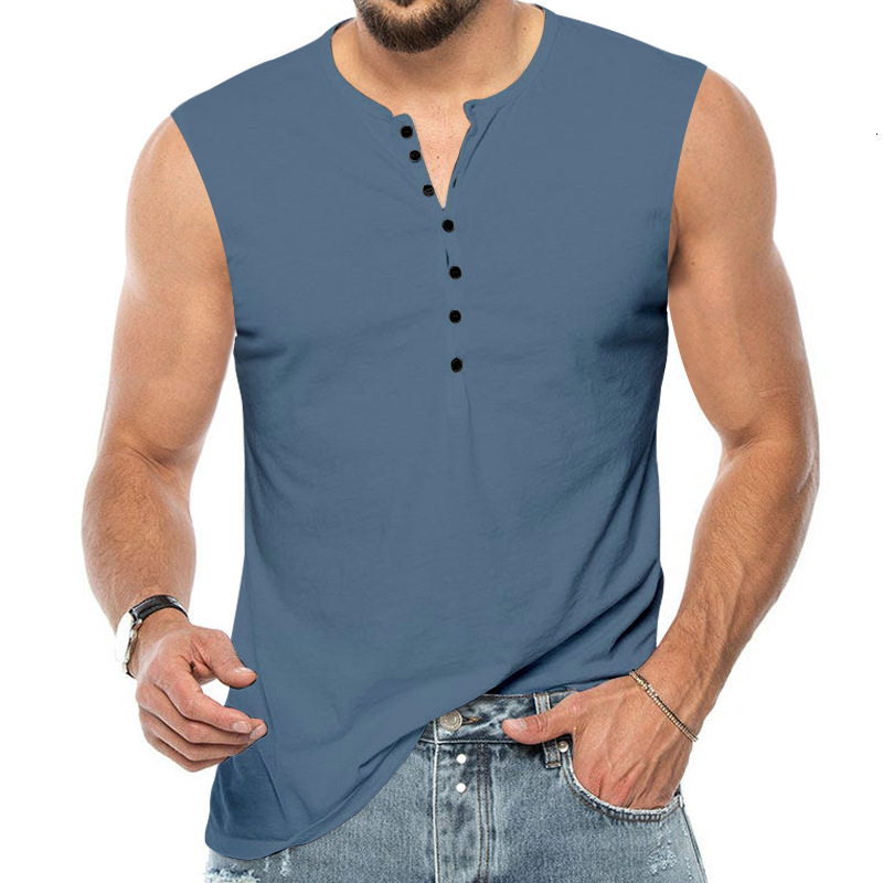 Men's tank top sleeveless summer new men's Henry shirt solid color button sports fitness vest