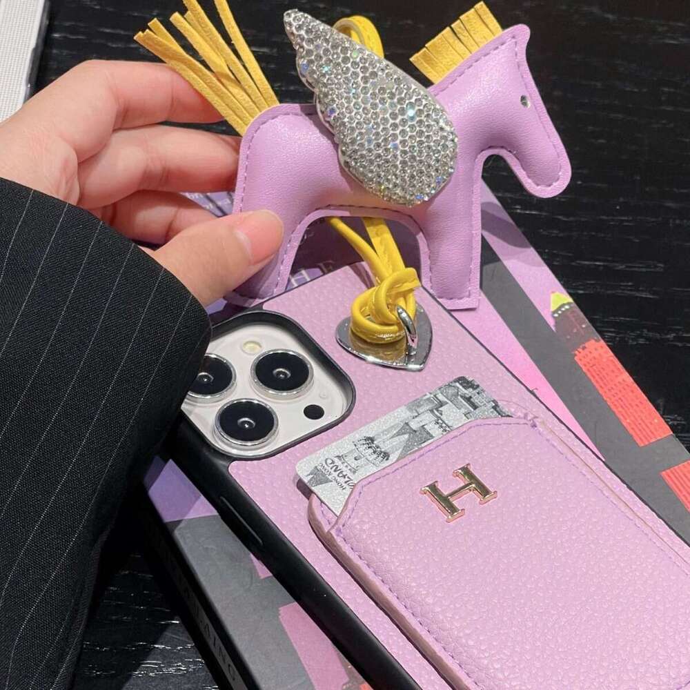 New Apple 17 Compatible with iPhone 13 Lychee Pattern Card Holder Lanyard Pony Phone Case Letter H Trendy