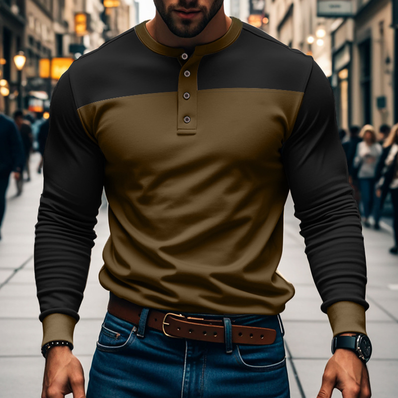 American slim fit spring and autumn commuting Henry patchwork T-shirt long sleeved Amikaji base shirt for men