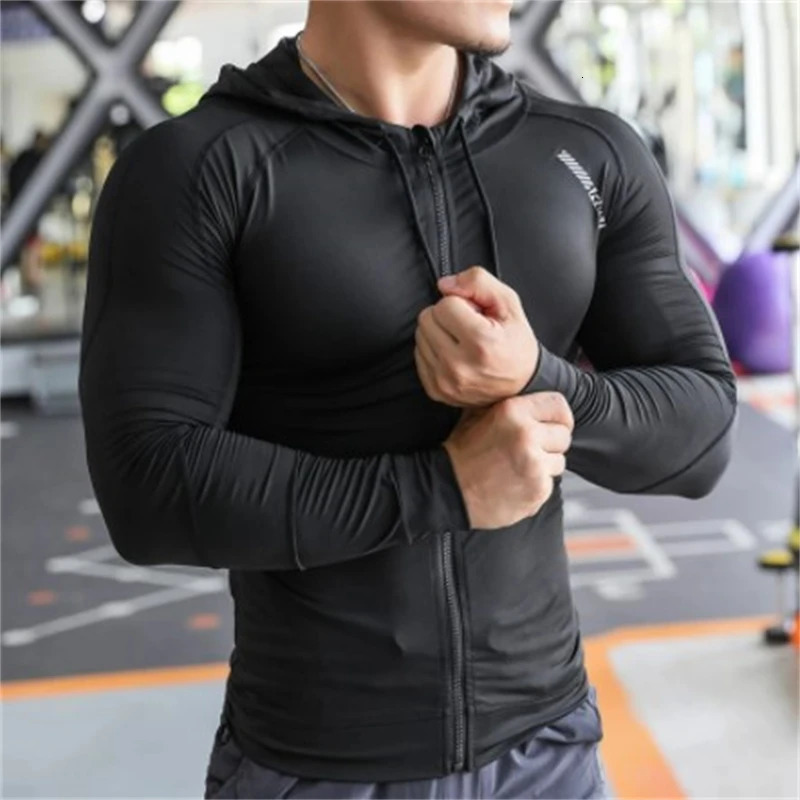 Compression Elastic Hoodies Men Sports Coats Running Fitness Hooded Gym Training Sportswear with Zipper Bodybuilding Sweatshirts 250414