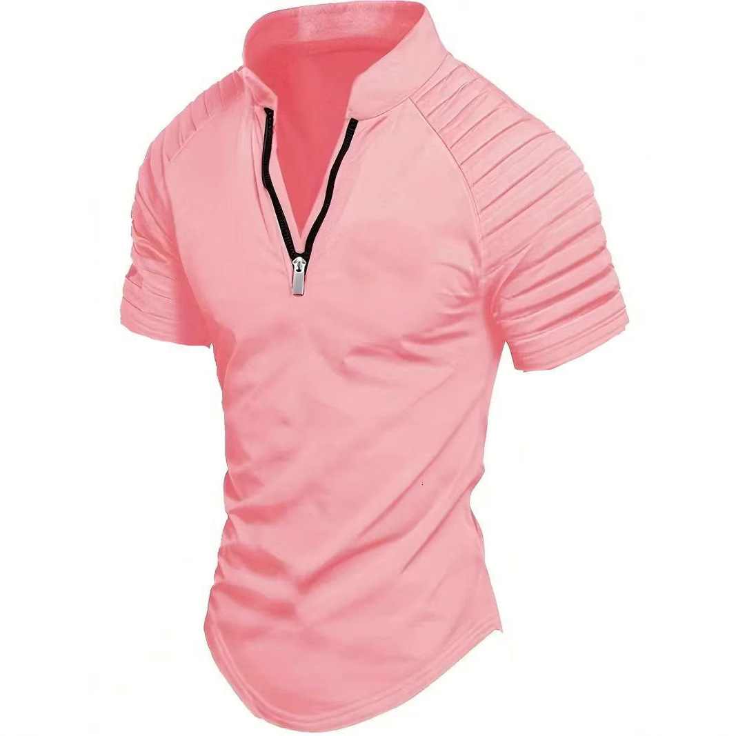 Summer fashion casual mens short sleeved polo shirt zipper pleated mens sports polo shirt