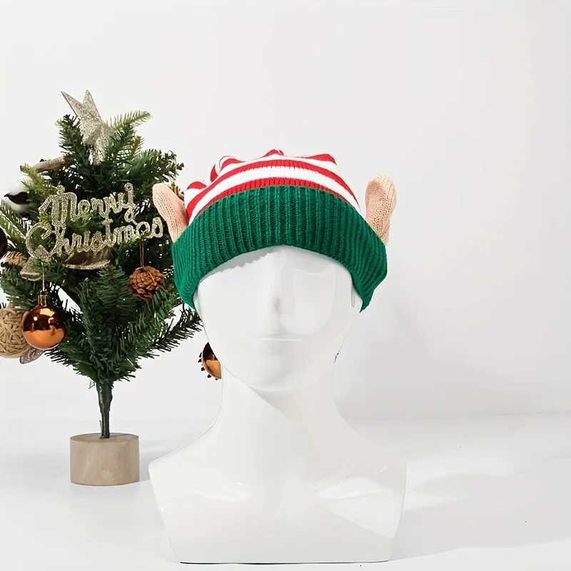 Christmas Striped Knitted Elf Hat with Ear Red Green/Red White Pom Beanie Festive Party Headwear for Women Men Christmas Y251115