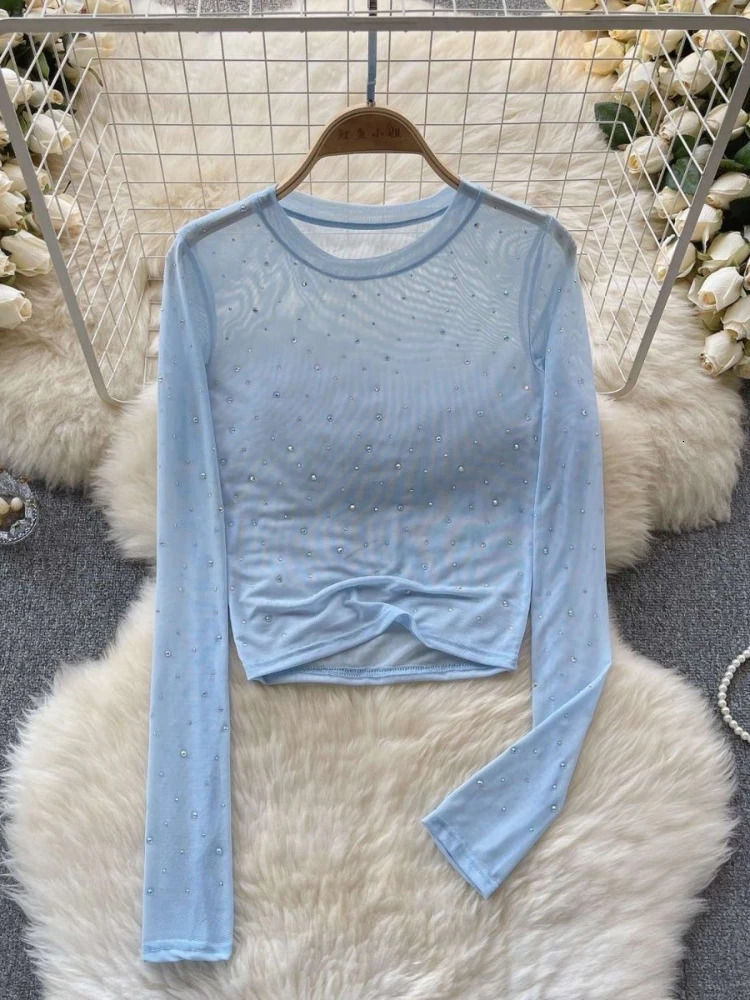 6 Colors T-shirts Women Cropped Sequins Slim Sheer Solid Spring Summer sexy Style Comfortable O-neck Clubwear European Style 250415