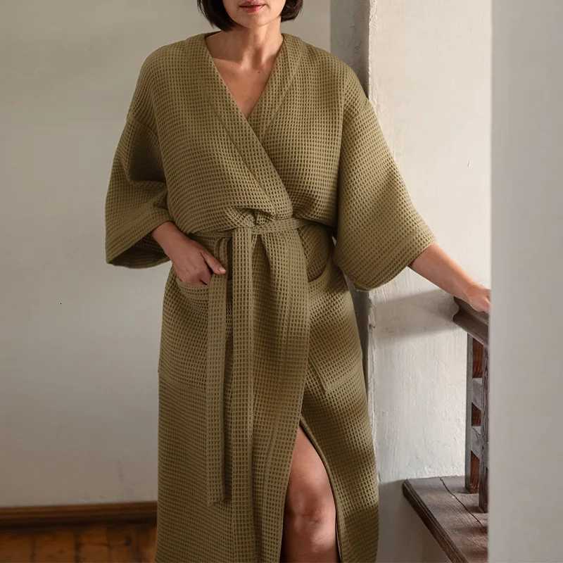 Cotton Waffle Night Robe Women Solid Knitted Elegant V Neck Pajamas with Belt Harajuku Bathrobe Night Wears for Women C251115