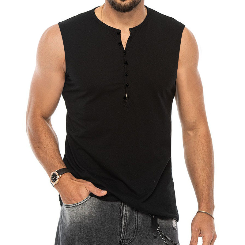 Men's tank top sleeveless summer new men's Henry shirt solid color button sports fitness vest