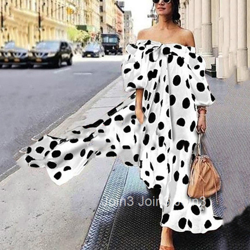 2025 Womens Dress with Off Shoulder Polka Dot Casual Bohemian Long Dress
