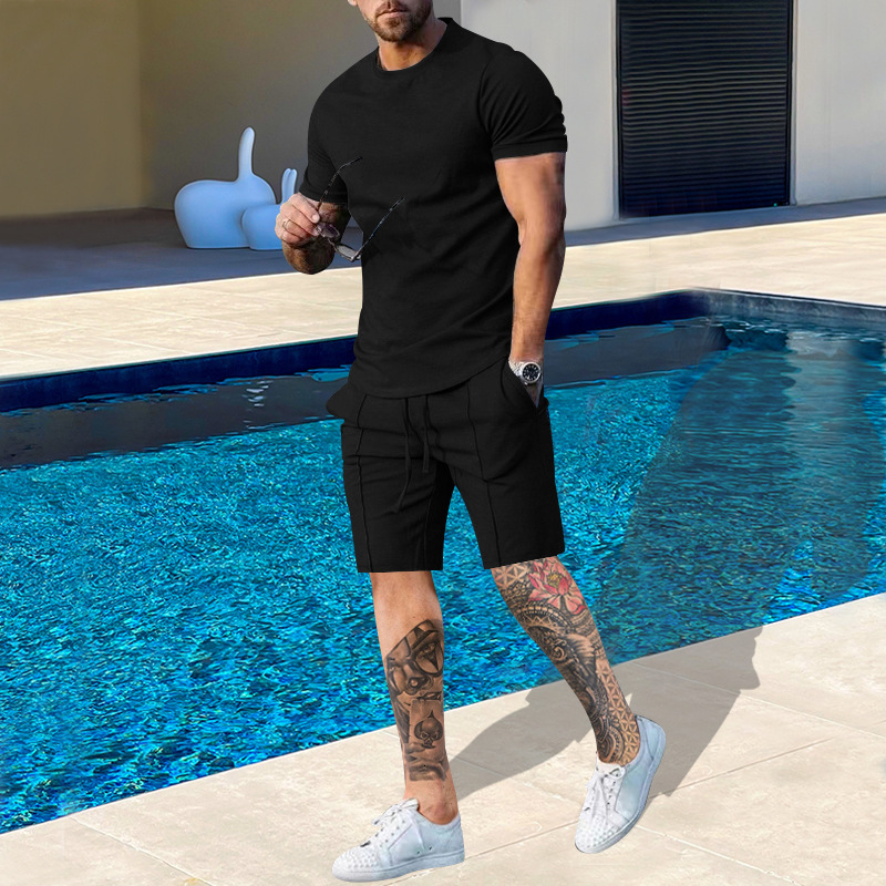 2025 Men's Wear Summer Sports and Leisure Solid Color Round Neck T-shirt Short Sleeve Set for Men