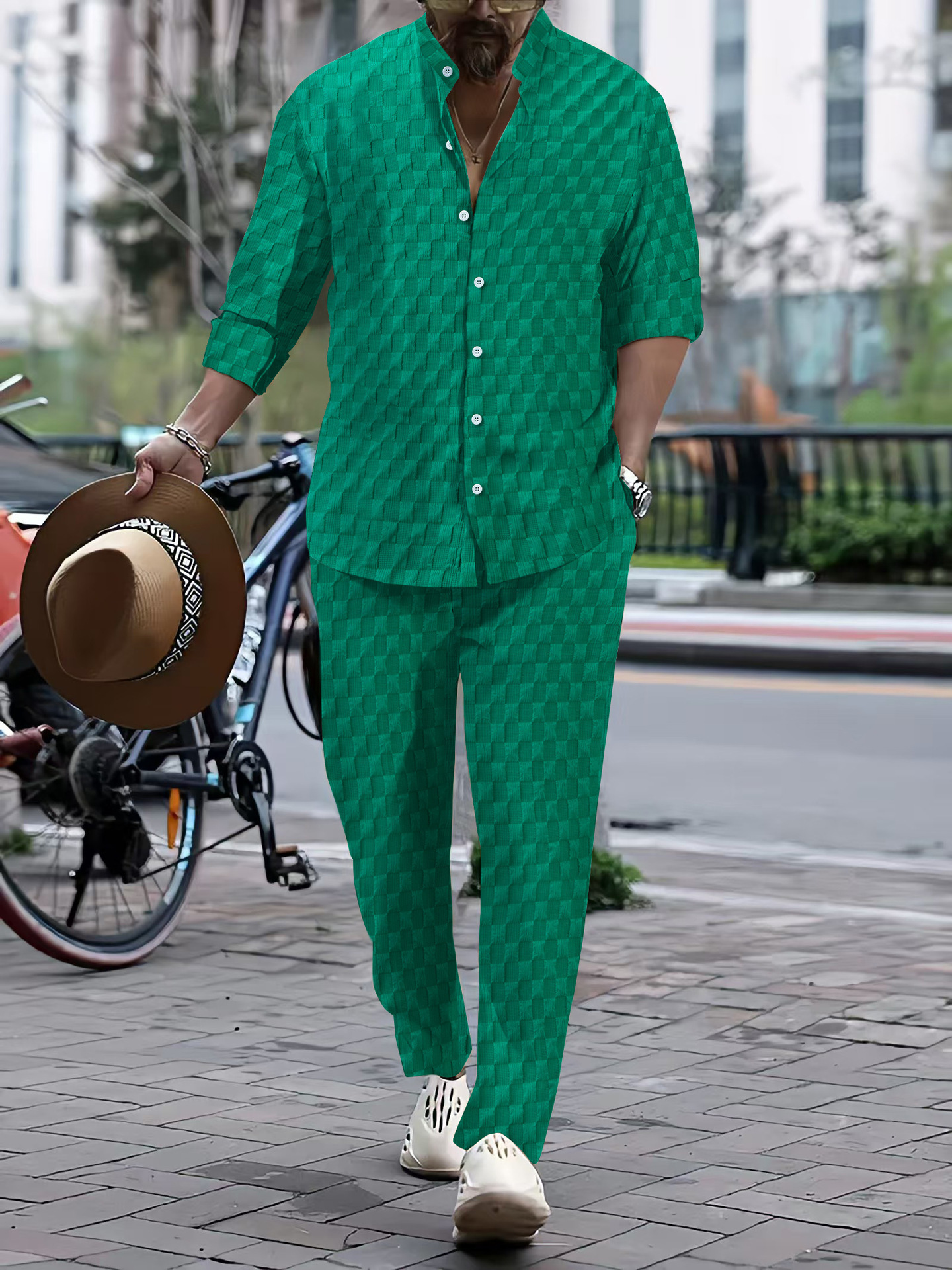 Spring and Autumn Mens Checkered Henli Collar Shirt Pants Trendy Casual Sports Set