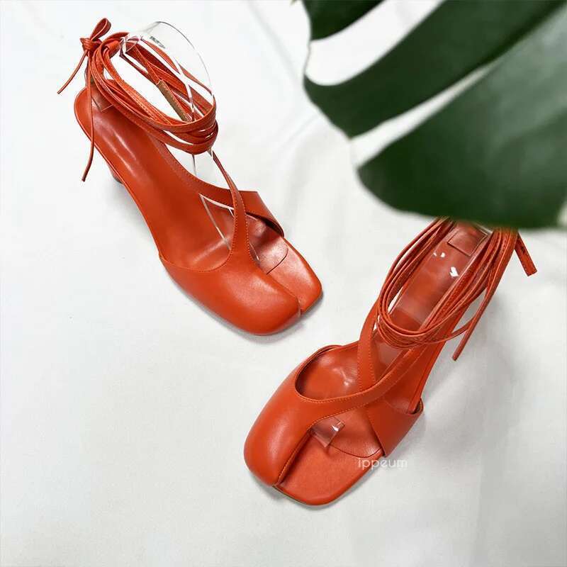 IPPEUM Split Toe Sandals Women Plus Size 43 Orange High Heels Ankle Straps Shoes 2024 Sandalias De Mujer