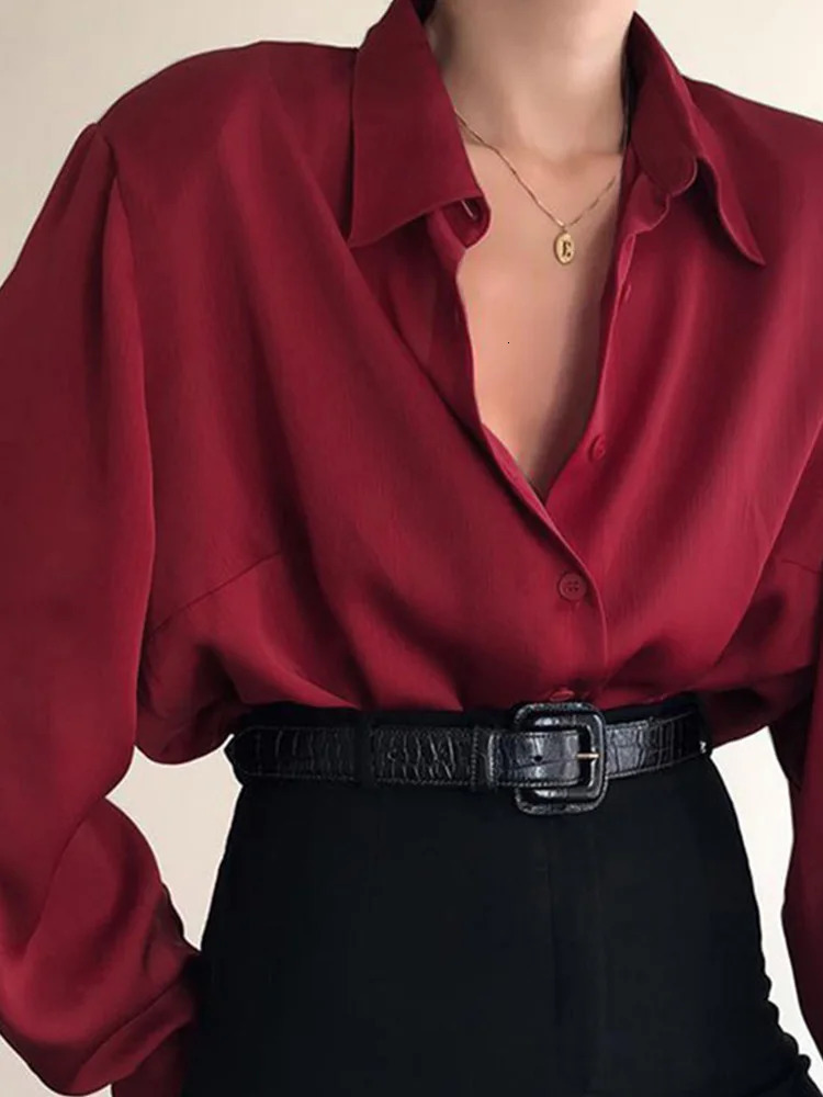 Women Button Blouses Turn Down Collar Shirts Office Lady Long Sleeve Casual Blouse Loose OL Shirt Baggy Tops RedWine Red Black 250415