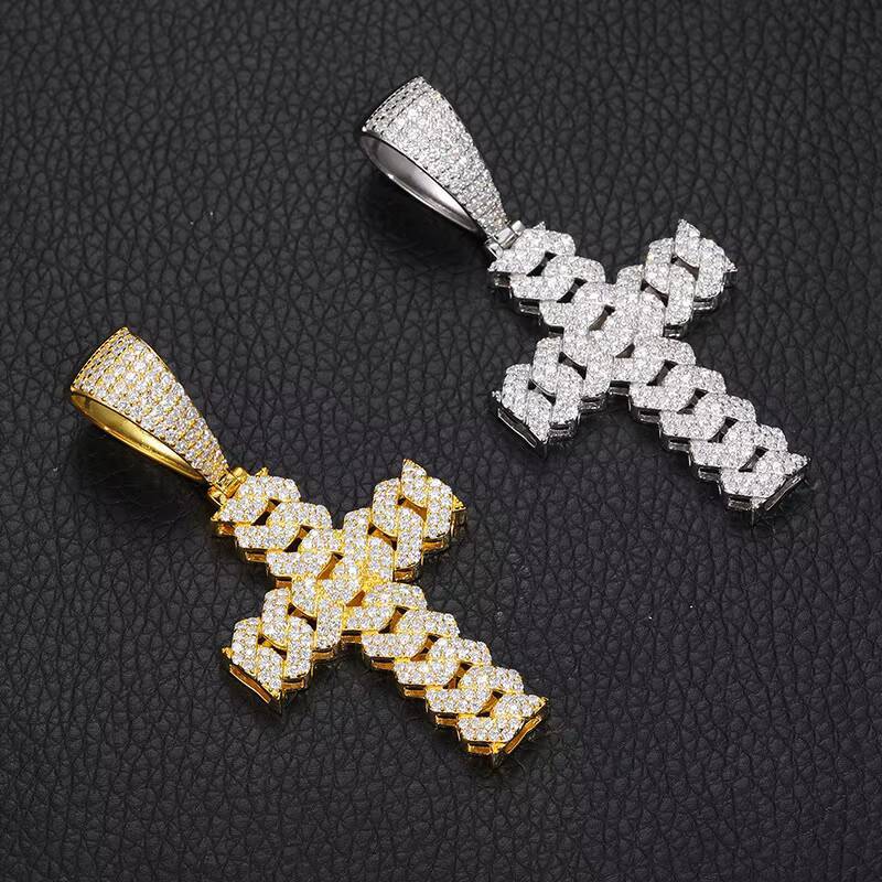Hip Hop VVS D Moissanite 2 Rows Cuban Cross Pendant Necklace Iced Out Gold Plated 925 Sterling Silver Cross Pendant