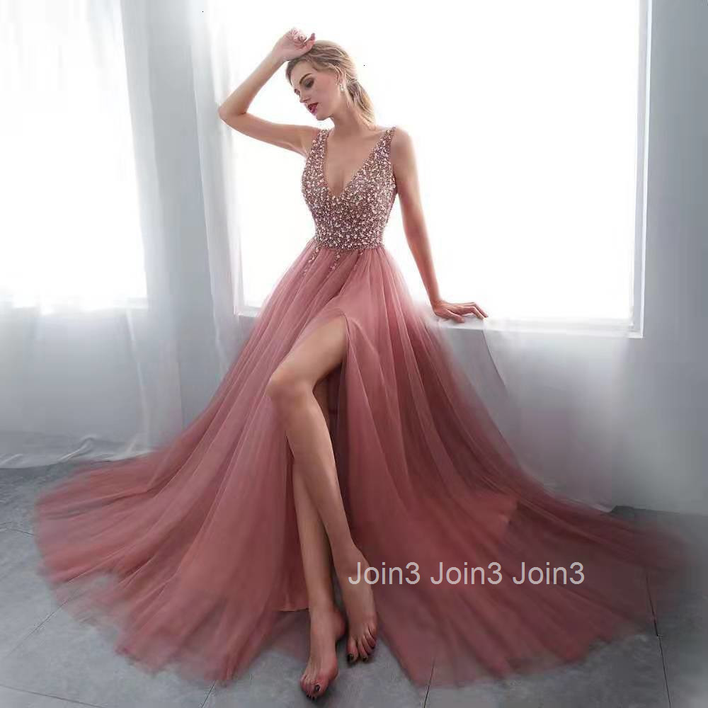 2025 New Womens Dress Deep v Sleeveless Slit Sequin Flowing Banquet Evening Gown