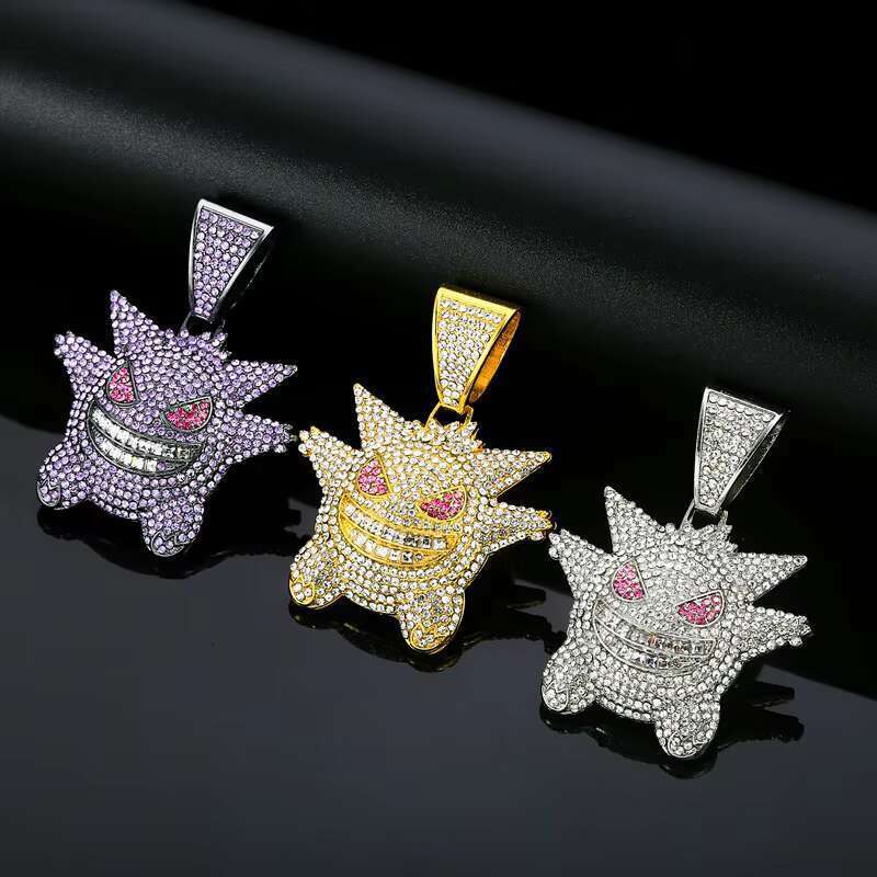 DHCollections Iced Out Pendant Necklace for Men Hip Hop Cuban Link Chain with Bling Ghost Anime Charm Silver Color 18 Inch Rapper Jewellery 1 Piece