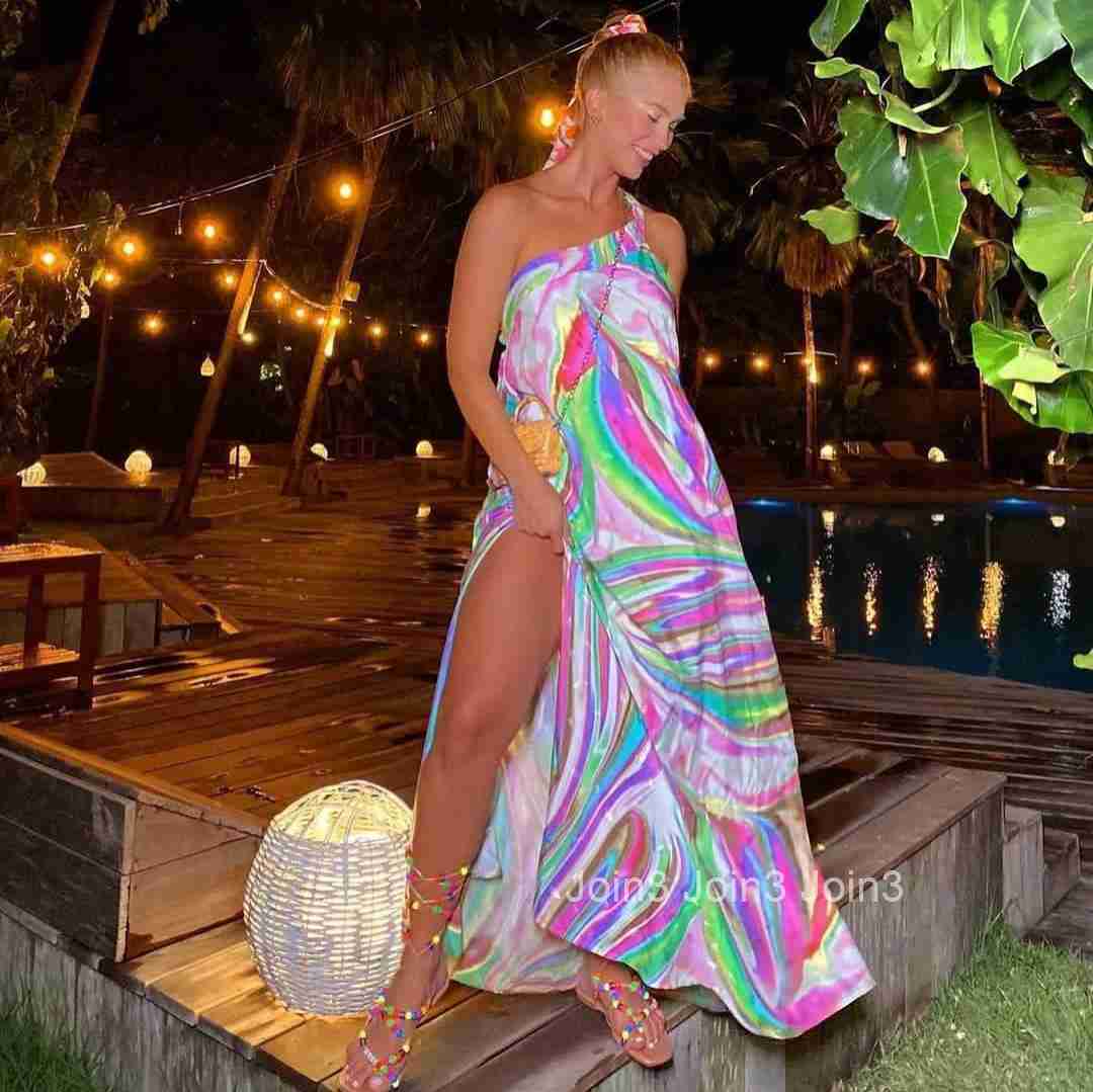 2025 New Spring/summer Fashion Womens Printed Lace Up Slit Backless Vacation Style Dress Long Skirt