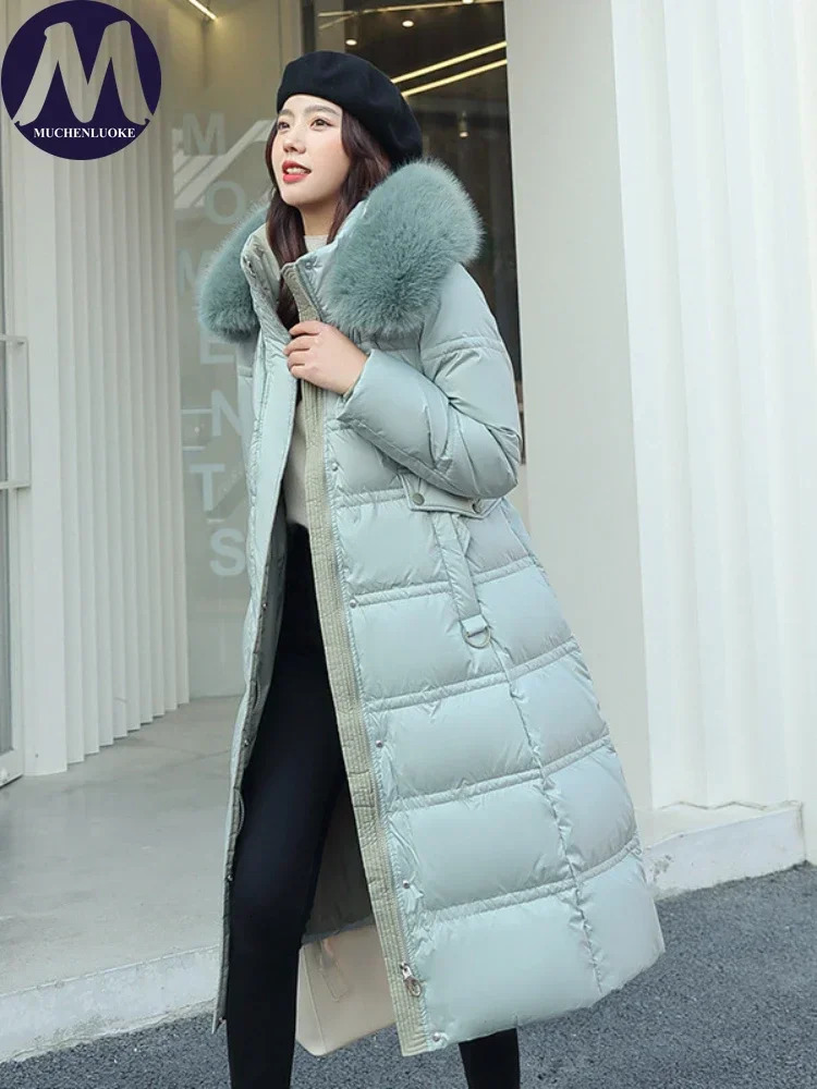 Womens Slim Fit Long Parkas Hooded Jackets Fur Collar Below The Knee Korean Fashion Warm Coats Autumn Winter 251110 - view 5