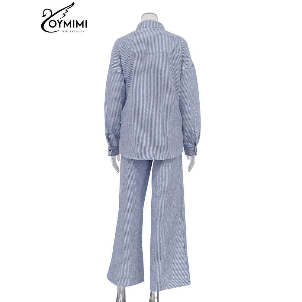 Oymimi Casual Dark Blue Print Women's Two Pieces Elegant Long Sleeve Button Shirt And Low Waist Straight Trousers Female Set