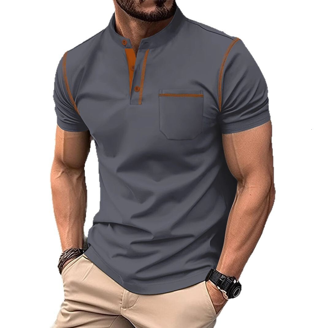 Ins summer mens polo shirt with stand up collar pocket mens sports polo shirt