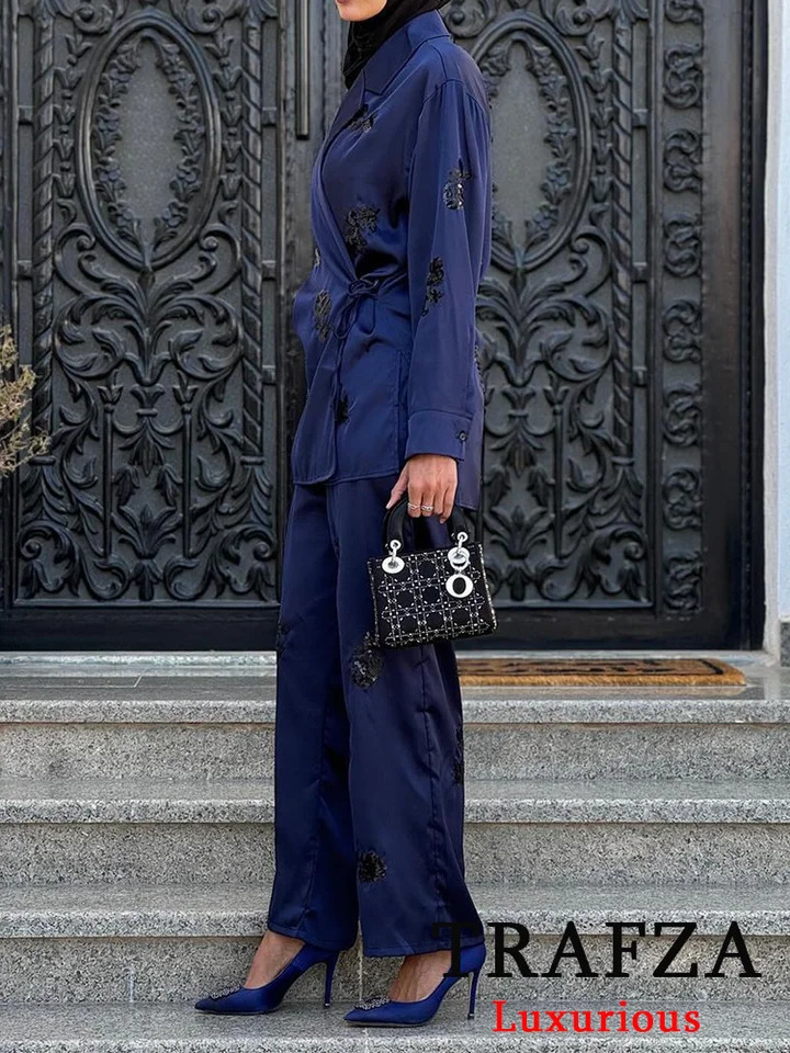 TRAFZA Retro Fashion Casual Womens Set V-neck Pocket Jacket Straight Loose Pants Fashion Autumn Office Womens Set 250409