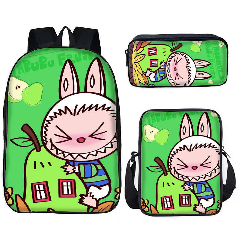 New Labubu Student Pullcloth Pattern Backpack Shoulder Pen Lunch Bag 3-Piece Set