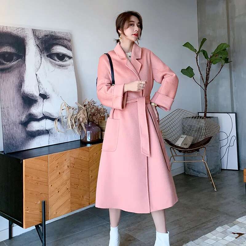 2024 Fall Winter Jacket Ripple Double-Sided Wool Cashmere Coat High-End Bathrobe Style Windbreaker Women Belt Long Thick Warm