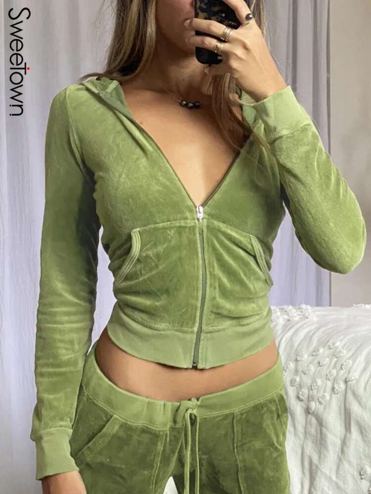 Sweetown Pink Sweet Cute Veet Y2k Crop Hoodies Women Zip Up Hooded Jacket Pullover Vintage Aesthetic Casual Green Sweatshirts
