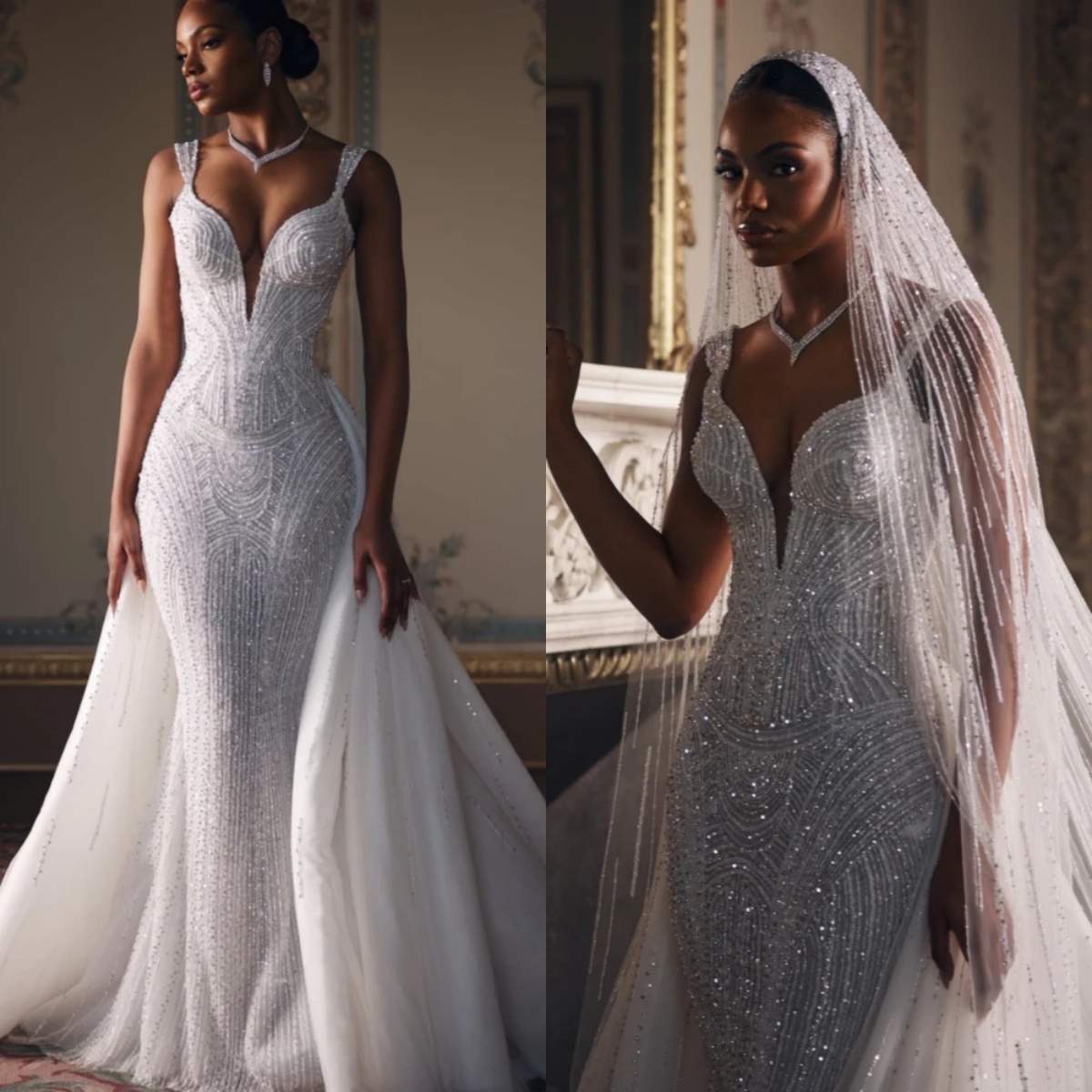 Vintage Mermaid Wedding Dress Sweetheart Neck Sleeveless Bridal Gowns Sequins Lace Detachable Train Dresses Custom Made vestidos de novia