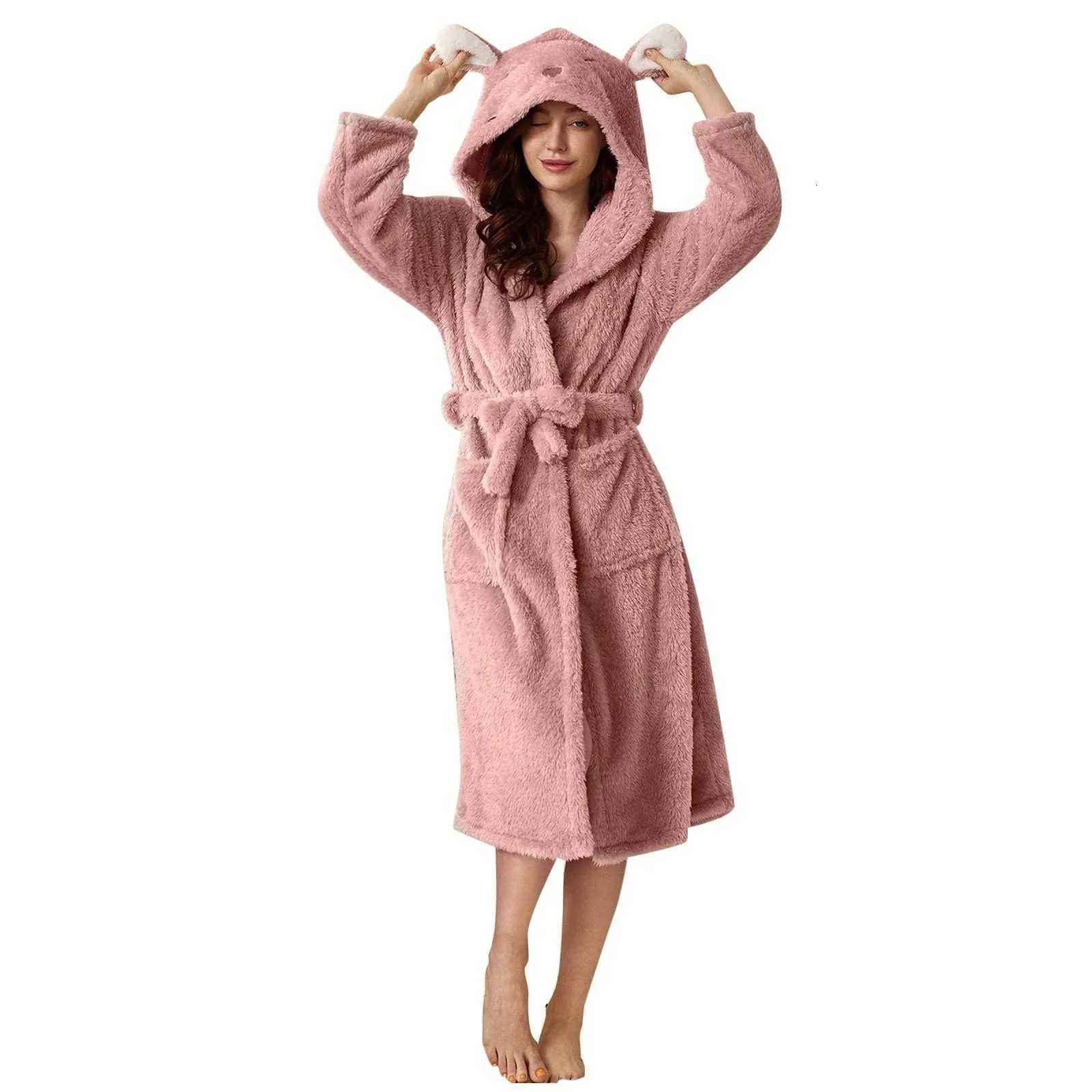 Women Winter Plush Night Robe Minimst Solid Color With Rabbit Shaped Hooded Bring You Cozy Comfortable Thermal Experience C251115