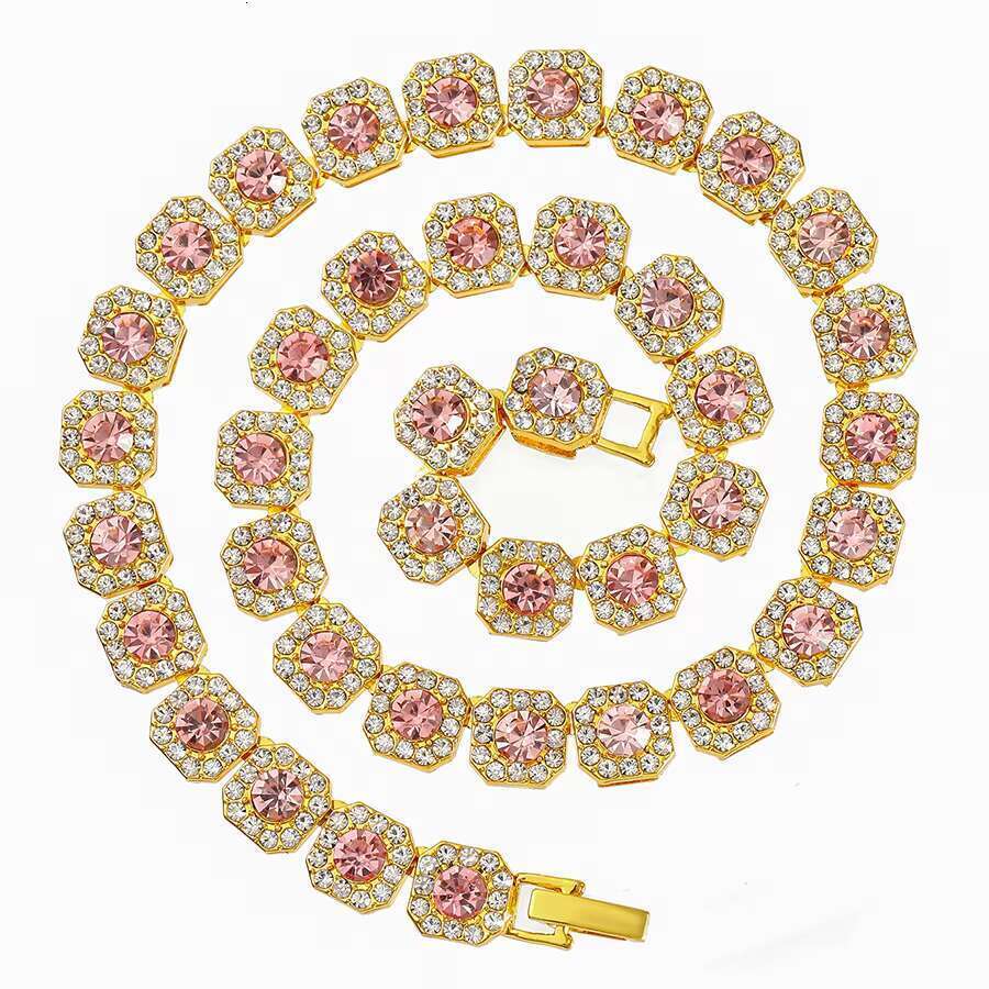 DHcollection 13mm Gold Pink Miami Necklace, Zinc Alloy Square Rock Sugar Chain