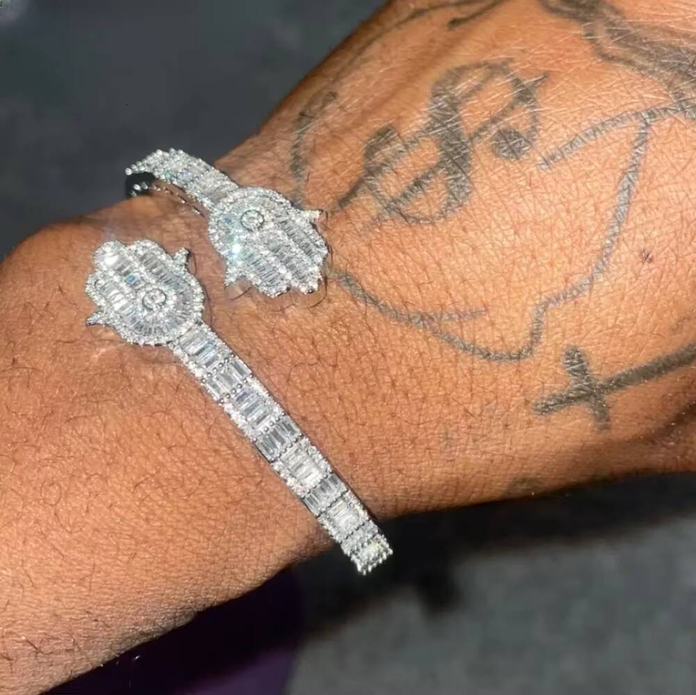 New Iced Out Bling Micro Pave 5A CZ Zircon Baguette Diamond Hamsa Hand Openning Bangle for Men Women Hip Hop Luxury Jewelry