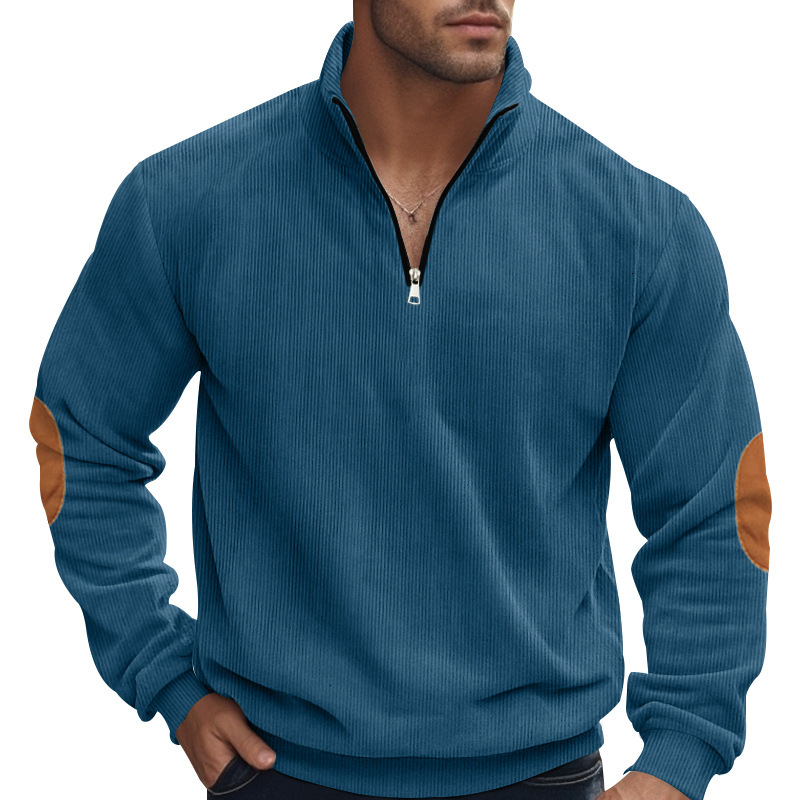 Autumn half zip men's long sleeved sweatshirt, corduroy stand collar loose pullover jacket for men