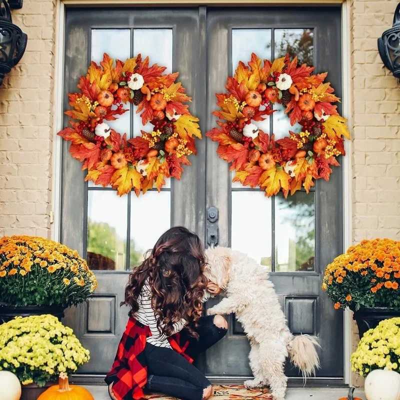 45cm Fall Wreaths Pumpkin Berry Maple Leaf Artificial Wreath Harvest Autumn Front Door Wreath Christmas Halloween Home DecorM251115