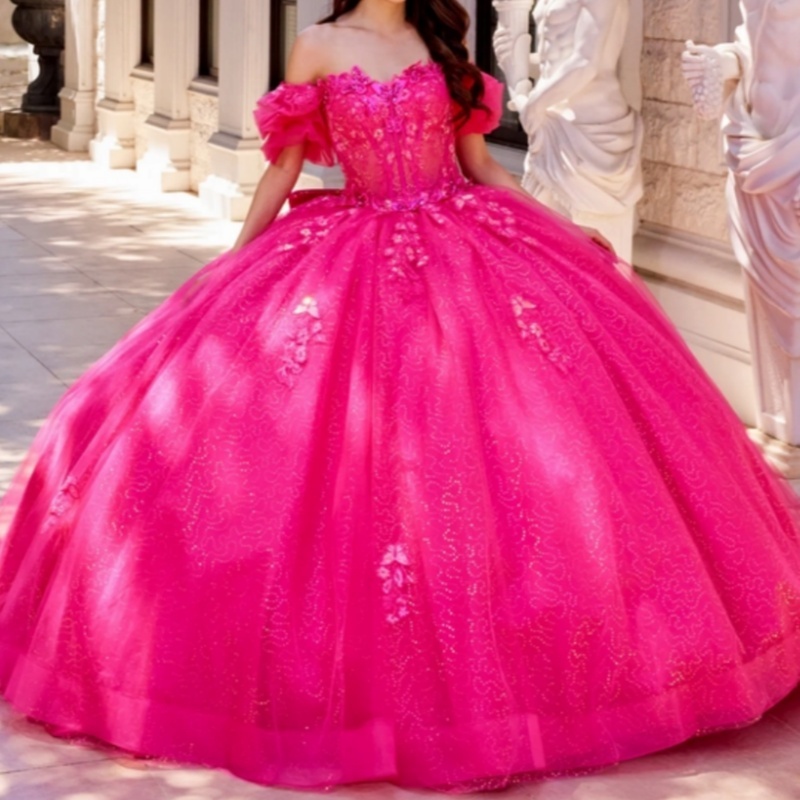 Rose Red Shiny Princess Quinceanera Dresses Off Shoulder Sequin Applique Bow Beading Tull Sweet 16 Dress Ball Gown Vestidos 15