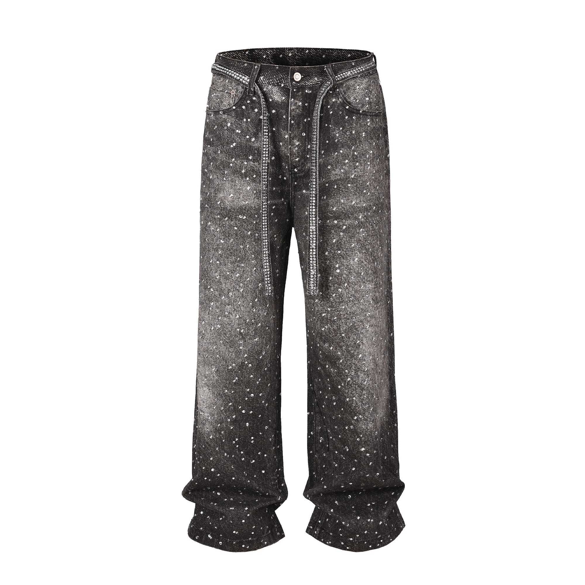 Full rhinestone print washed blue pocket jeans for men and women Ropa Hombre Strtwear solid casual denim Trouser loose cargo X250415