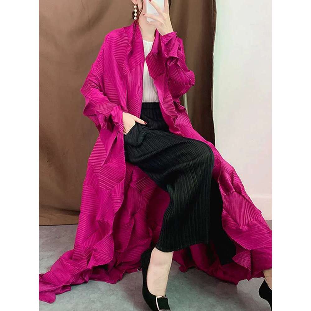 GVUW Pleated Trench Coat Women 2025 Spring Lapel Solid Color Long Sleeve Loose Casual Female Fashion Windbreaker 17D1426
