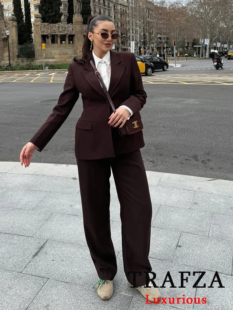 TRAFZA Chic Casual Solid Women Suit Pockets Button Blazer Straight Loose Pants Zipper Skirt Fashion 2025 Spring Summer Sets 250410