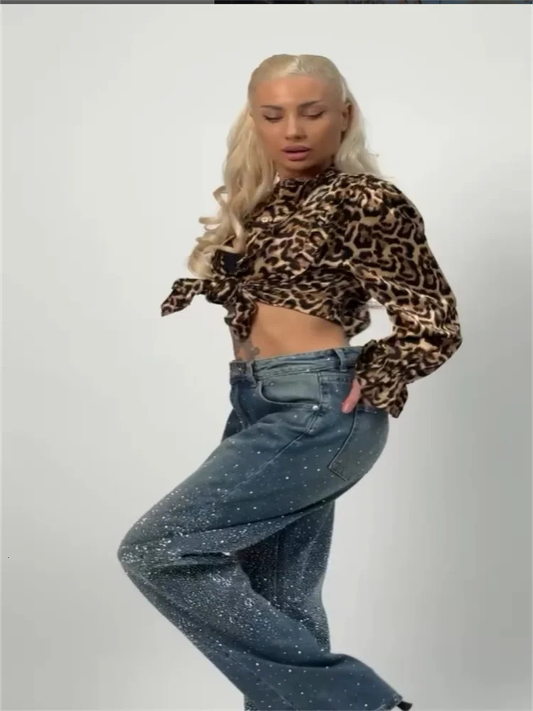 Diamond jeans casual blue pocket denim high waist wide leg pants 2025 spring womens Y2k street loose 250414