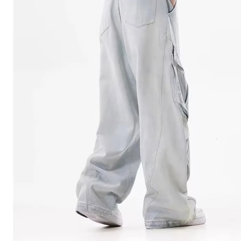 Utumn Winter Womens Cargo Jeans American Street Style Bagged Pants Blue Multi Pocket Wide Leg 250407