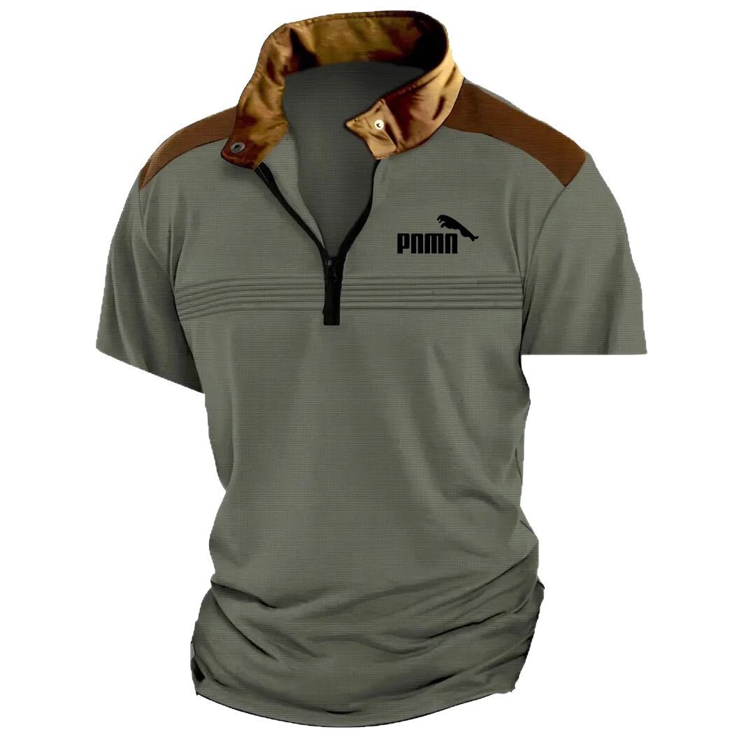 Summer Mens Polo Zipper Short Sleeve Fashion Splicing Chest Wrinkle Breathable Polo Shirt